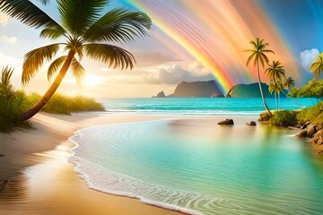 Fototapeta na wymiar Beautiful summer vacation holidays, sea beach with palm tree leaves & various colorful flower background, rainbow shining this hot sunny time 