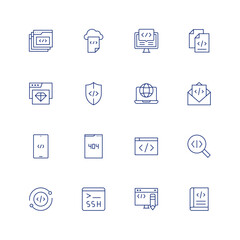 Programming icon set. Editable stroke. Thin line icon. Containing tabs, cloud data, coding, document, clean code, shield, world wide web, email, development, error, code, refresh, ssh, edit code.