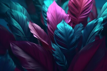 background jungle leaf glowing tropical art plant night neon exotic purple. Generative AI.