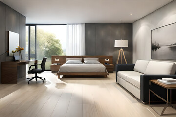 Naklejka na ściany i meble Interior design of a minimalist bedroom with luxurious fabrics, light colors, and big glass windows that exudes tranquility and simplicity | Generative AI