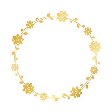 Round gold floral frame template. Luxury golden frame border for invite, wedding, certificate. Vector art with flowers and leaves.