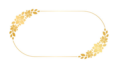Gold oval floral frame template. Luxury golden frame border for invite, wedding, certificate. Vector art with flowers and leaves.