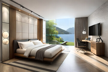 Interior design of a minimalist bedroom with luxurious fabrics, light colors, and big glass windows that exudes tranquility and simplicity | Generative AI