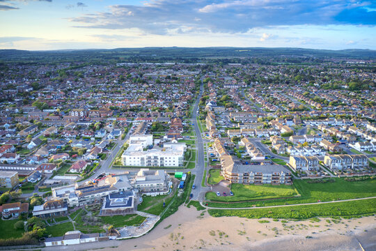 Rustington Village in West Sussex aerial photo on the seafront by Broadmark Lane which leads into the popular shopping centre.