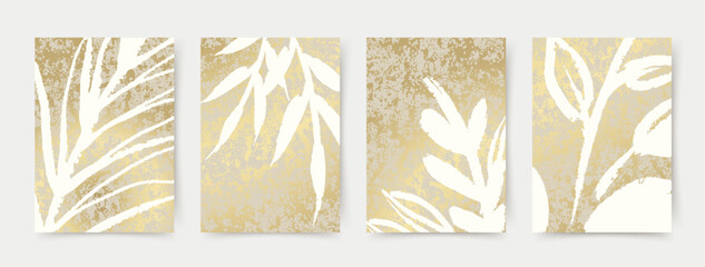 Abstract luxury artistic background with tropical leaves and golden texture. Vector botanical set for wall poster, print design, wallpaper, interior design, postcard