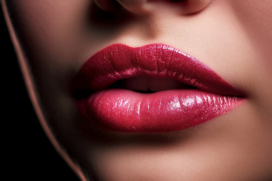 women lips with pink shiny lipstick close-up. Beauty concept. Generative AI illustration