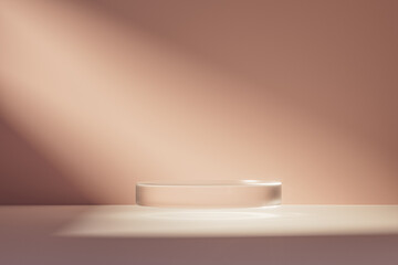 3d presentation pedestal or dais made of glass levitating in pink room illuminated by sunlight. 3d rendering of mockup of presentation podium for display or advertising purposes