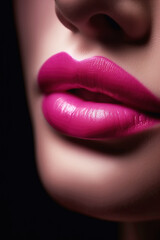 women lips with pink shiny lipstick close-up. Beauty concept. Generative AI illustration