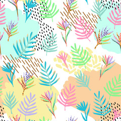 pattern of a tropical artwork, with multicolored hand drawn elements