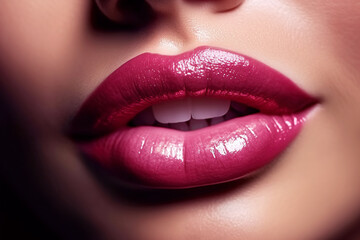 Obraz premium women lips with pink shiny lipstick close-up. Beauty concept. Generative AI illustration