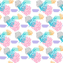 pattern of a tropical artwork, with multicolored hand drawn abstract elements