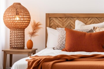 scandinavian lamp decor fall design modern orange pillow home bed interior. Generative AI.