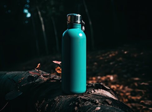 Thermos and aluminum hot drink mug with rising steam outdoors. Camping vacuum flask and iron cup standing on tree stump in rainy, cold weather. Hike, camping concept.