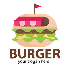 cute burger simple logo vector with a blend of crim green brown and pink with a flag on it