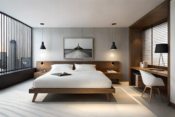 Interior design of a minimalist bedroom with luxurious fabrics, light colors, and big glass windows that exudes tranquility and simplicity | Generative AI