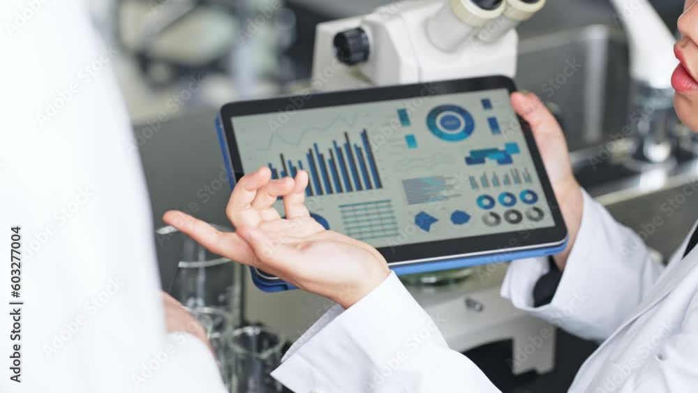Poster group of multinational scientists meeting in laboratory with tablet pc.