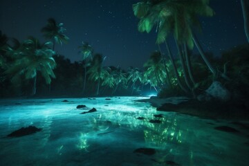palm vacation night paradise ocean tree sky tropical beach luminous blue. Generative AI.