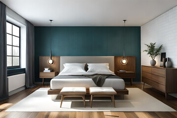 Interior design of a minimalist bedroom with luxurious fabrics, light colors, and big glass windows that exudes tranquility and simplicity | Generative AI
