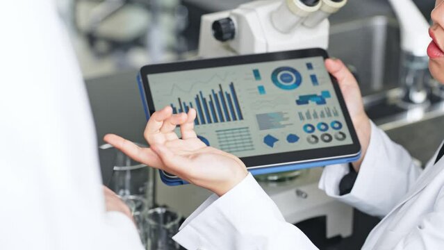 Group of multinational scientists meeting in laboratory with tablet PC.
