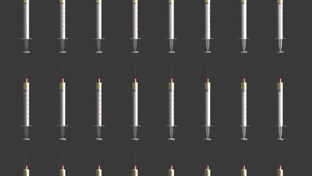 Lots of cartoon medical syringes flying in the grey background. Multiple medical syringes moving upwards in the digital background. Animation of the Medical syringes floating in the background.