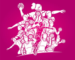 Group of Handball Players Female Mix Action Cartoon Sport Team Graphic Vector
