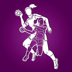 Group of Handball Players Female Mix Action Cartoon Sport Team Graphic Vector