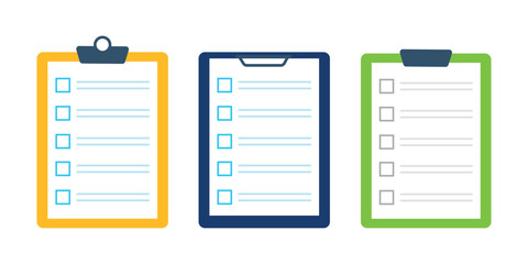 Checklist set. Checklist icon set on white background. To-do list. Empty template. Clipboard with paper sheets