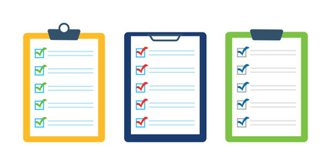 Set of checklist with check marks. Checklist with check marks. Clipboard with checklist and check marks. Business document with check marks