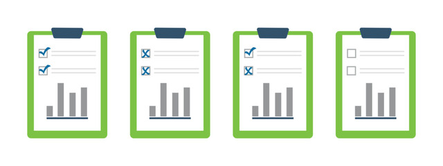 Set of document icons with graph marked with a blue check mark and crosses. Document with blue checkmarks and crosses. Checklist icon set with graph on white background