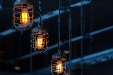 bright orange lamps in a dark ceiling. a burning electric light bulb screwed into the socket against a dark background