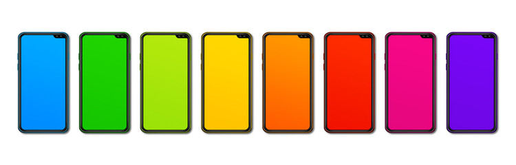 Rainbow colorful smartphone set banner. Isolated on transparent. 3D render