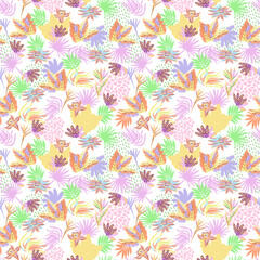 pattern of a tropical artwork, with multicolored hand drawn elements