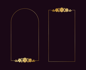 Geometric vertical gold floral frame collection set. Luxury golden frame border for invite, wedding, certificate. Vector art with flowers and leaves.
