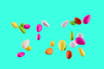 3d Colorful Almond Candies Sugar Coated Almond Candies Falling On Cyan background, 3d illustration