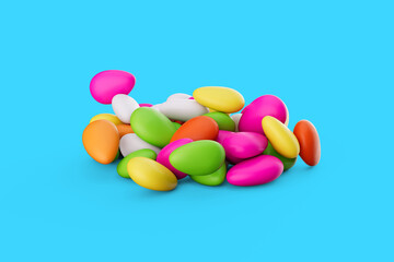 3d Colorful Almond Candies Sugar Coated Almond Candies Isolated On Blue background, 3d illustration