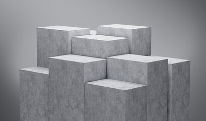 3d Nine Grey Empty Concrete Podium Isolated On Grey Background, 3d illustration