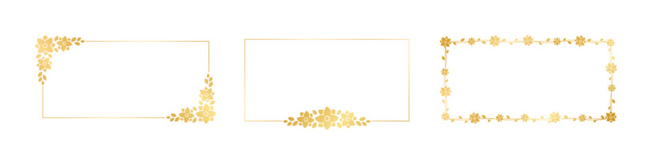 Rectangle gold floral frame set. Luxury golden borders for invitation, card, wedding, certificate. Vector art with flowers and leaves.