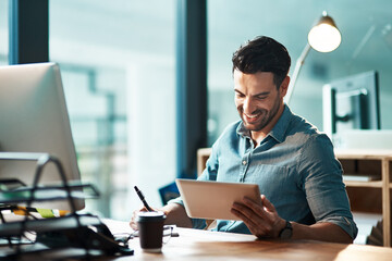Business man, tablet and writing notes in office for planning, connection and internet research in agency. Happy male worker, digital technology and strategy for online information, insight and app
