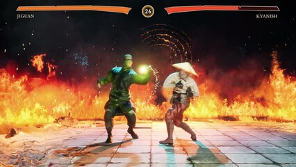 Gaming screen displays the modern computer game with colourful graphics. Animation of the fire graphics surrounding the map on a gaming screen. Graphics of the new action game shown on a gaming screen