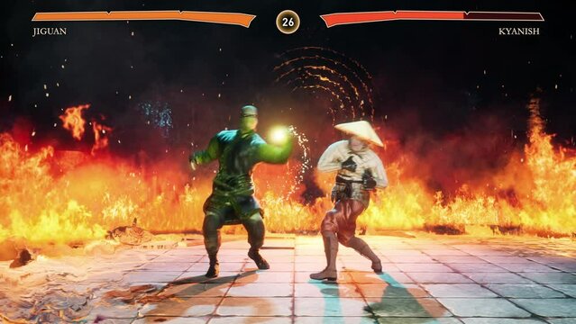 Gaming screen displays the modern computer game with colourful graphics. Animation of the fire graphics surrounding the map on a gaming screen. Graphics of the new action game shown on a gaming screen