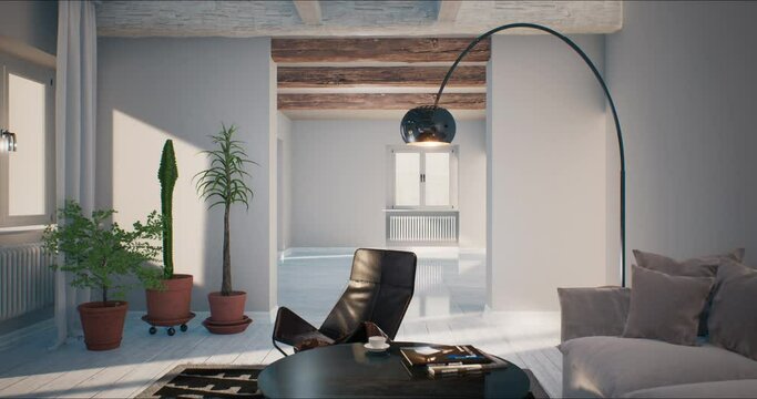 Camera moves around a room, revealing the gradual appearance of furniture and furnishings.