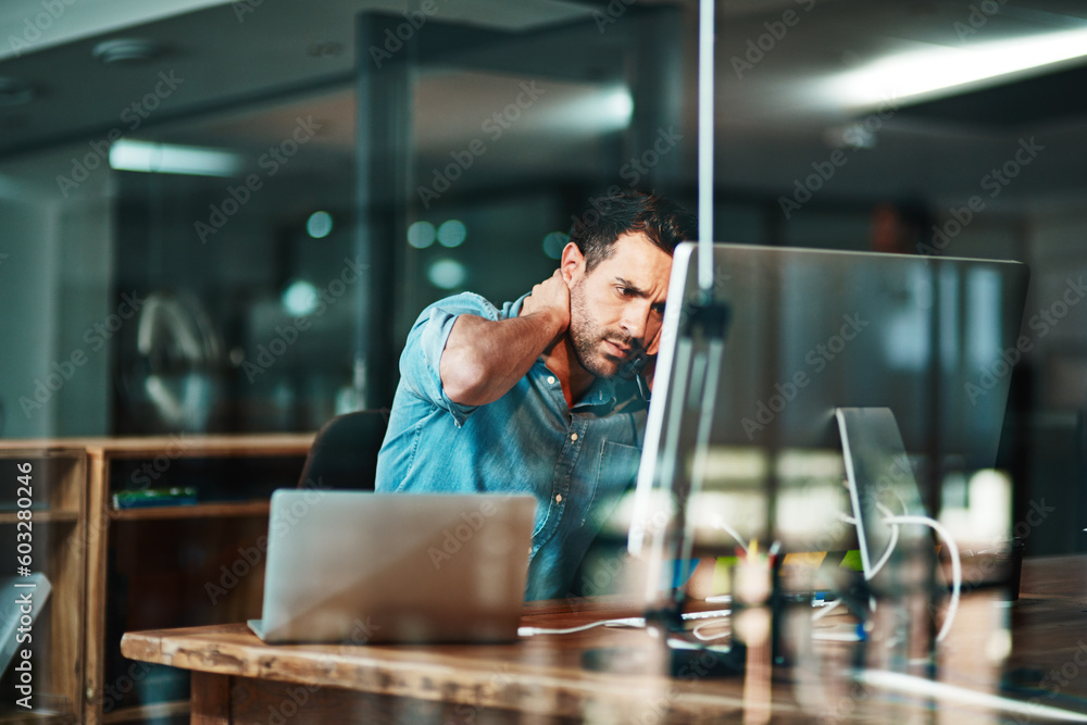 Poster business man, phone call and stress at computer in office for mistake, problem and anxiety of fail, 
