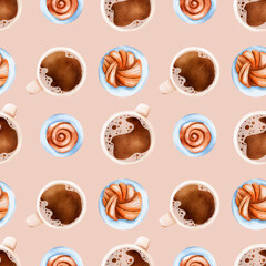 Seamless pattern with cup of coffee and sweets, kanelbulle. Digital watercoloк illustration.