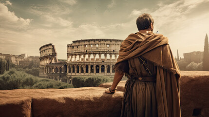 Fototapeta premium A nostalgic image of a day in the Roman Empire, gladiators in the colosseum, AI Generative