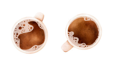 Two cups of coffee top view isolated on the white background. Digital watercolor illustration.