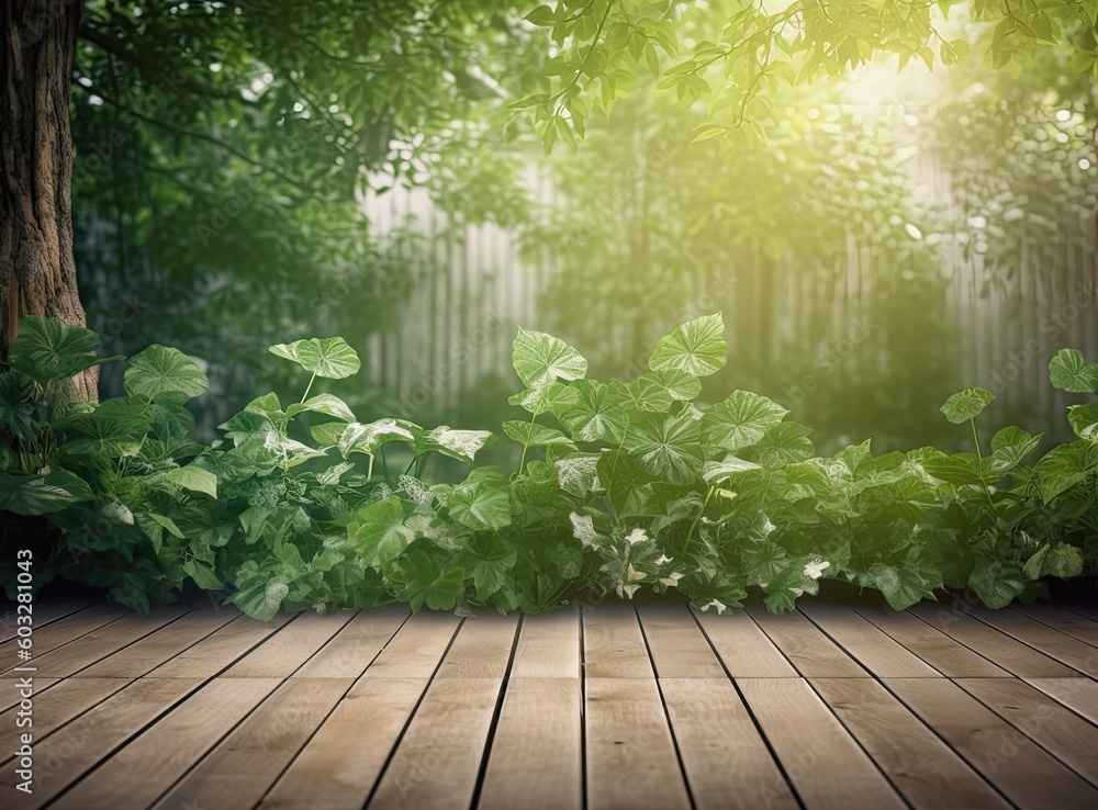 Poster wooden table top with spring green leafs as frame and free space for text created with generative ai