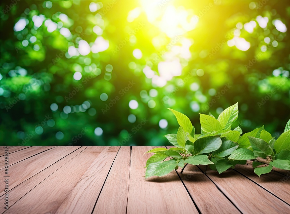 Poster wooden table top with spring green leafs as frame and free space for text created with generative ai