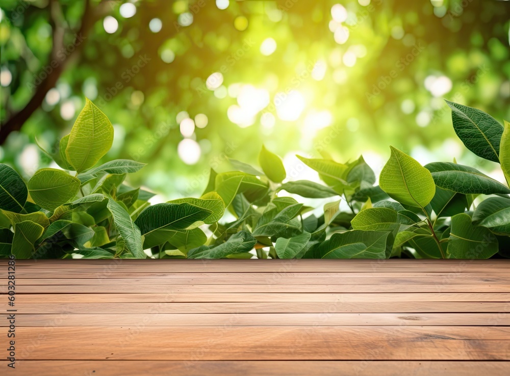 Poster wooden table top with spring green leafs as frame and free space for text created with generative ai