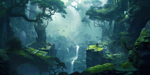 old overgrown temple complex, fictional landscape made with generative ai