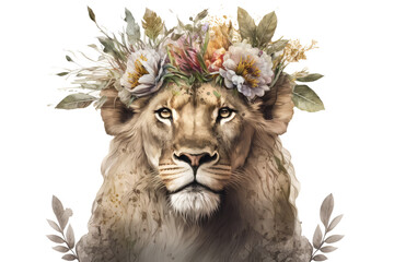 lioness lion face with floral flower crown on head isolated on white in style of art illustration drawing painting for poster cover t-shirt design. generative ai - obrazy, fototapety, plakaty